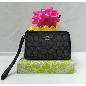 Coach Signature Black Canvas Leather Double Zipper Credit Card Wristlet Wallet